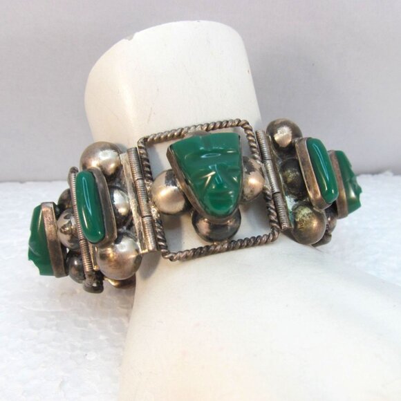 Sterling Silver Carved Green Onyx Tribal Face Mexican Link Bracelet Size 6.75 - Picture 16 of 16